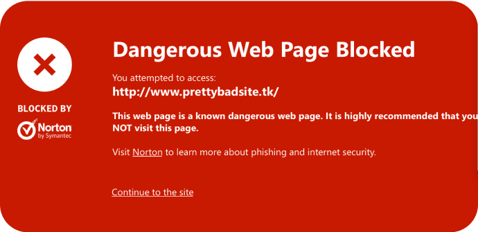Imagen de página web peligrosa bloqueada por Safe Web
